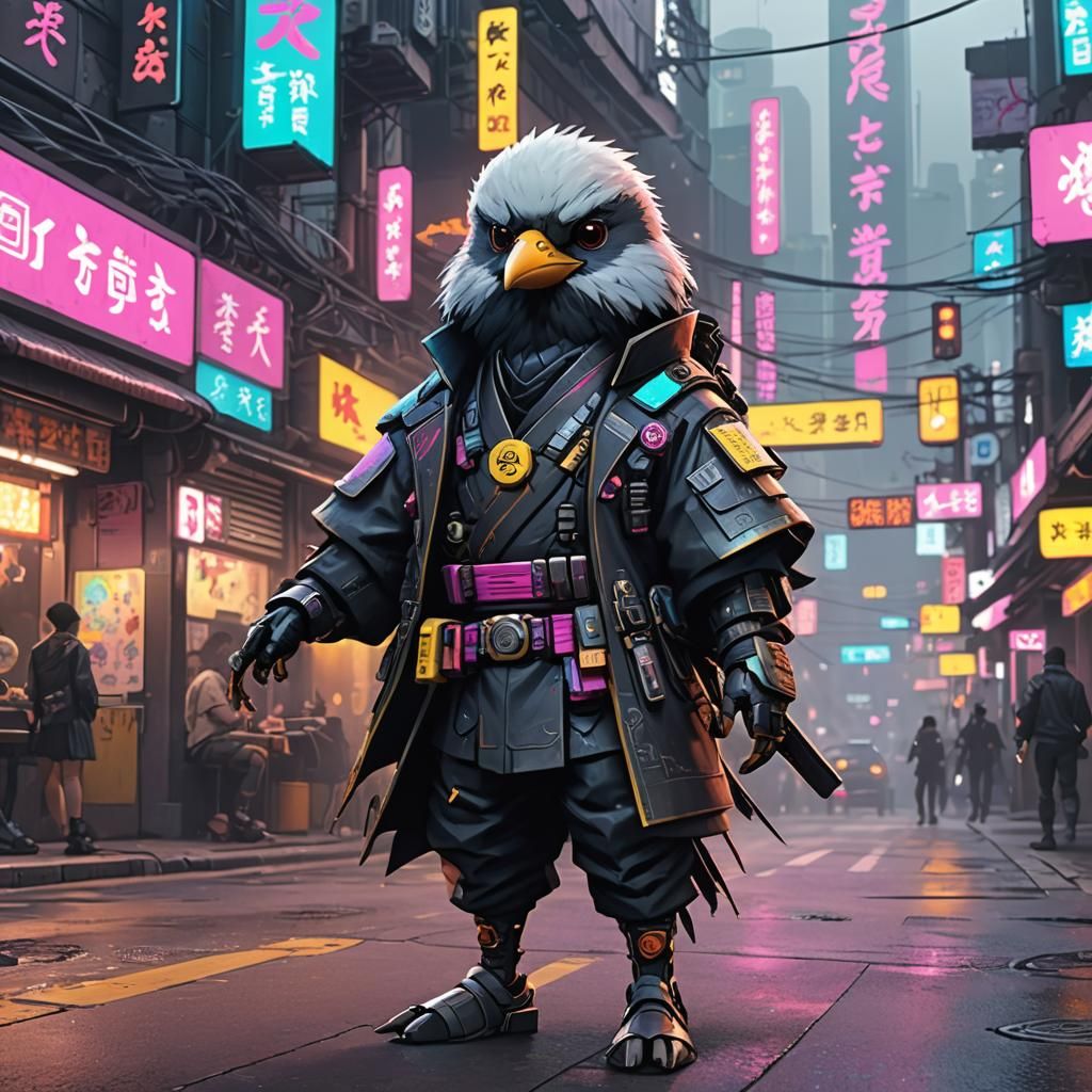 Cyberpunk Samurai Bird in Neon Cityscape