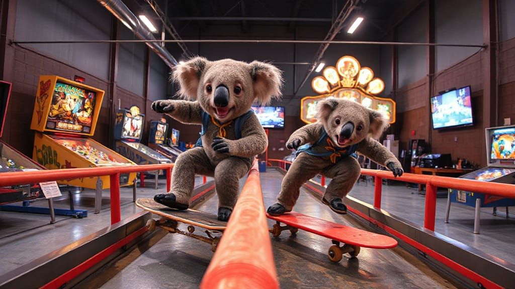 Koala Skateboarders in a Pinball Obstacle Course