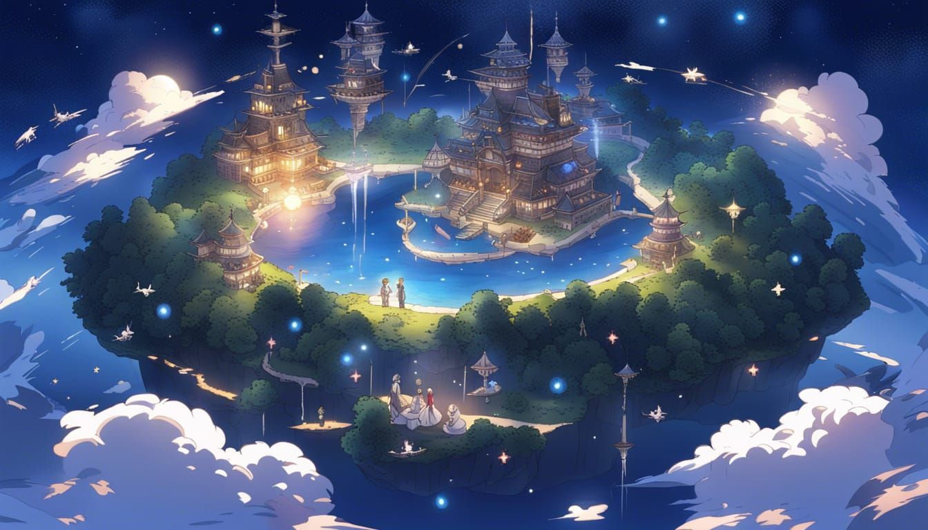 Fantasy Floating Island Under Starry Anime Sky