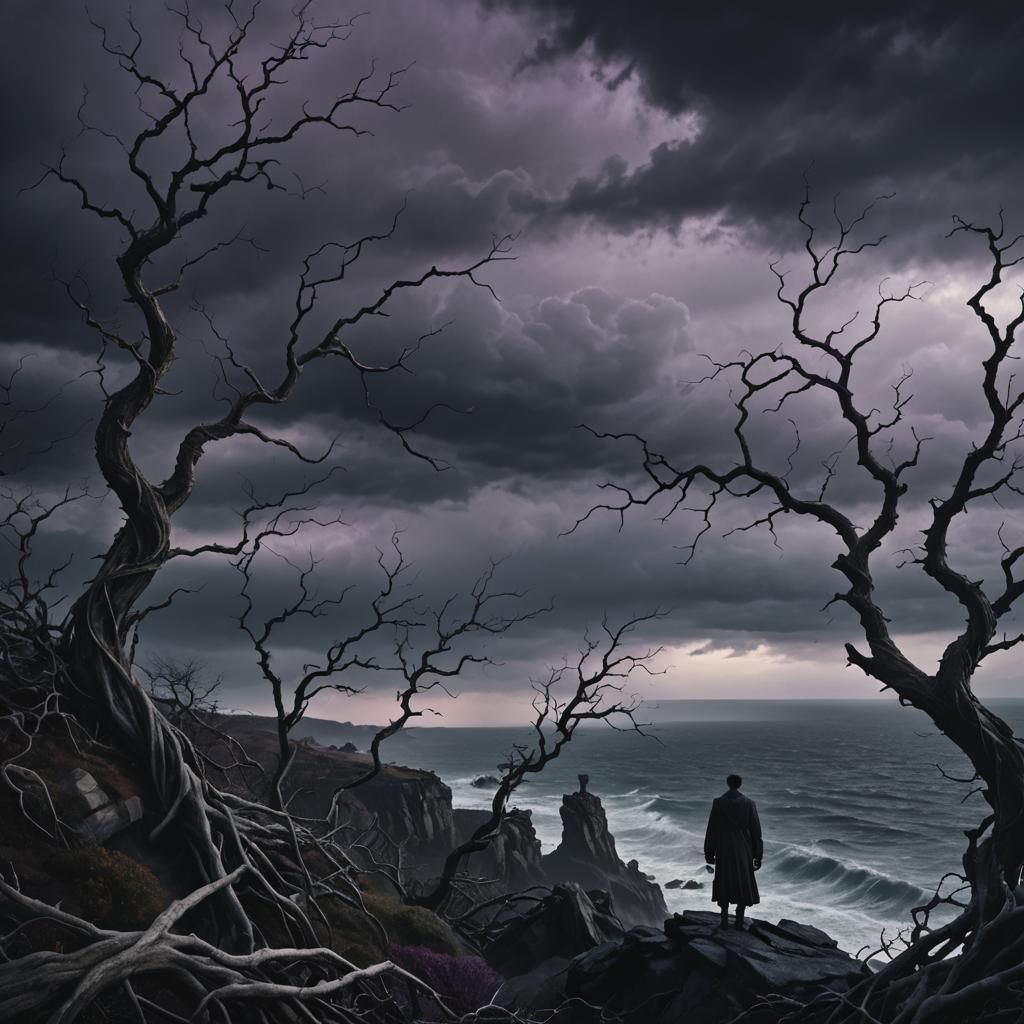 Dark Fantasy Figure Overlooking Stormy Sea