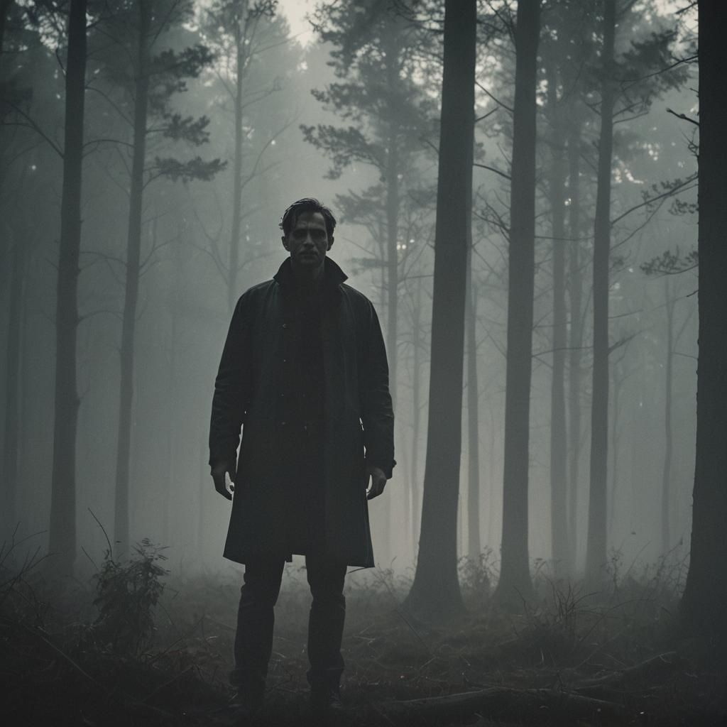 Ominous Figure in Dark Forest: Film Noir Style