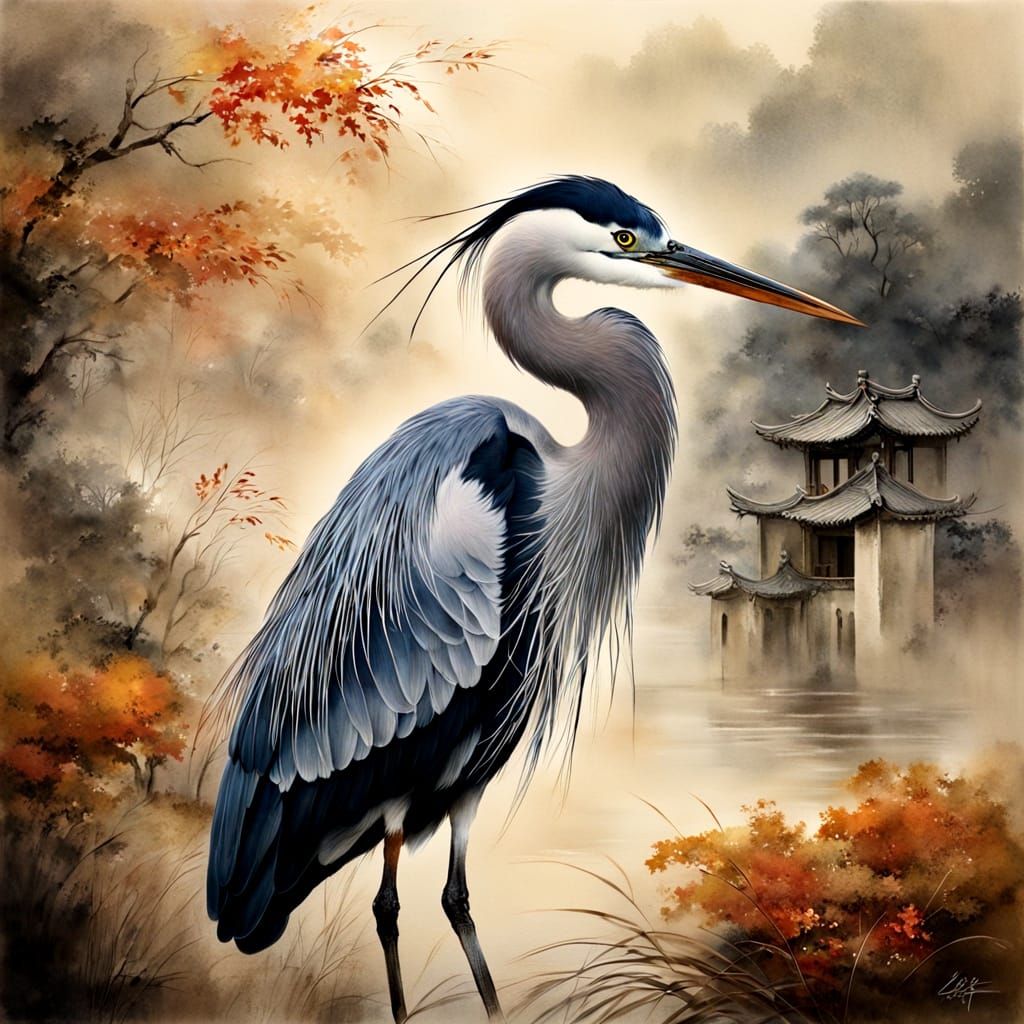 Heron in Traditional Chinese Watercolor Landscape