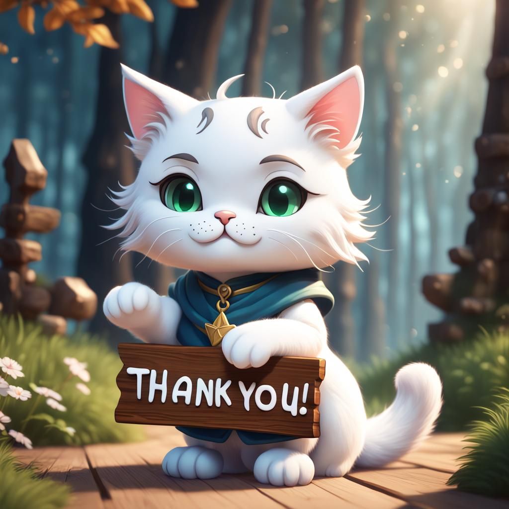 Chibi White Cat Holds Thank You Sign