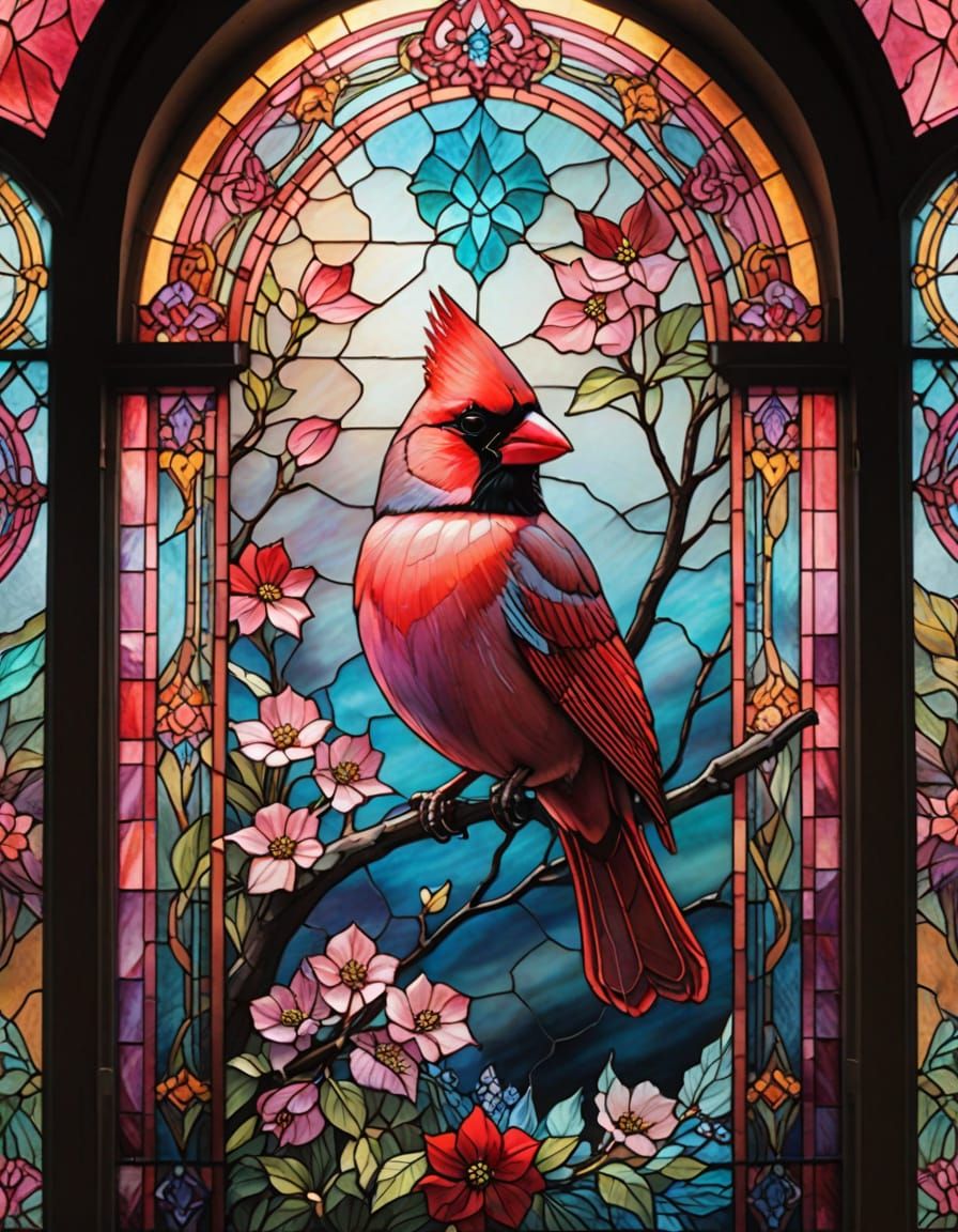 Stained Glass Cardinal Window in Ethereal Mist