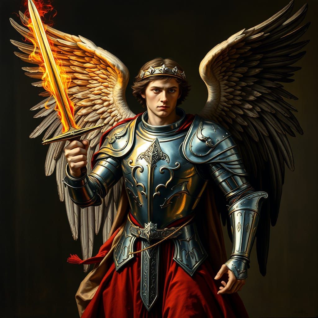 Angel in Renaissance Armor Descends with Flaming Sword