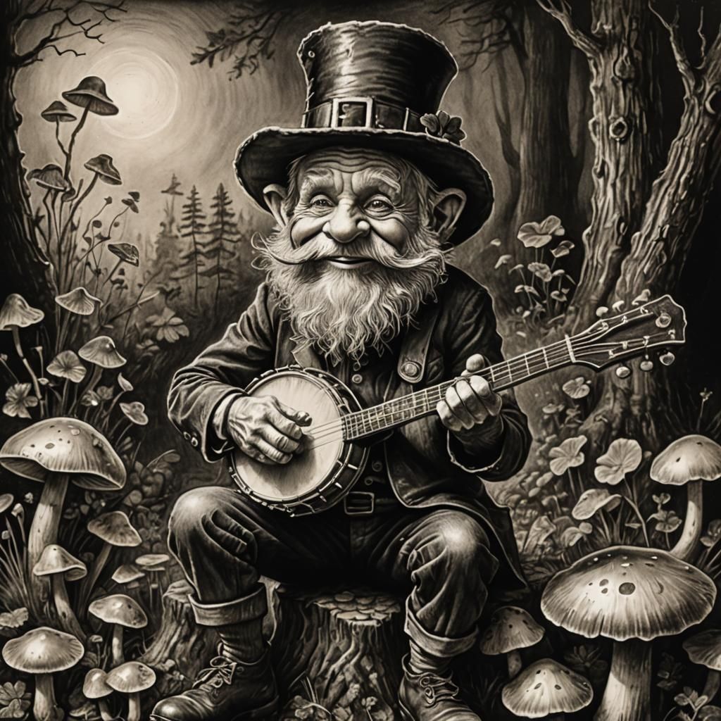 Leprechaun Plays Banjo in Charcoal Drawing