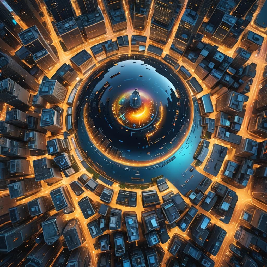 Futuristic City Reflected in Water Droplet: Digital Art
