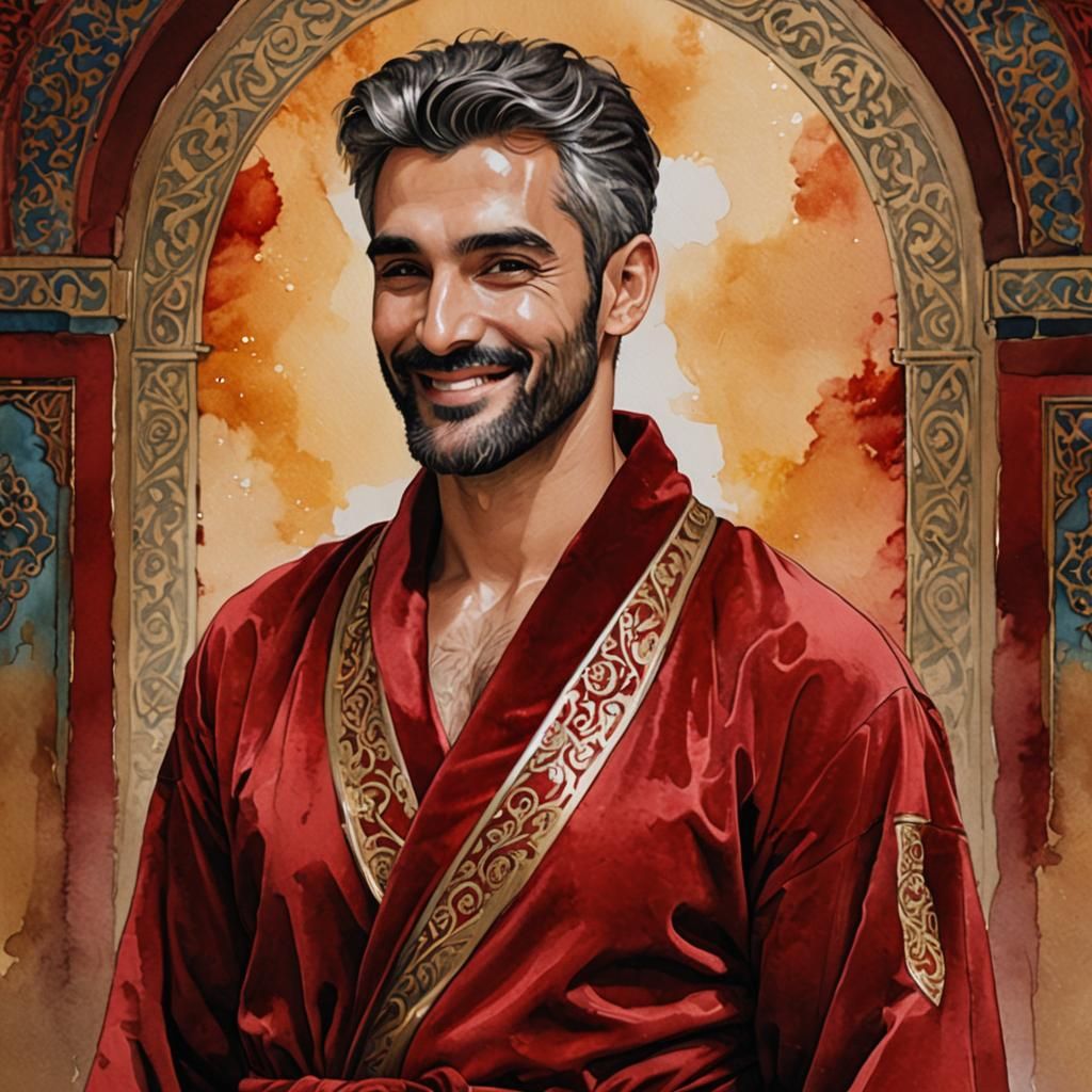 Handsome Man in Red Velvet Bathrobe, Alcohol Ink Style
