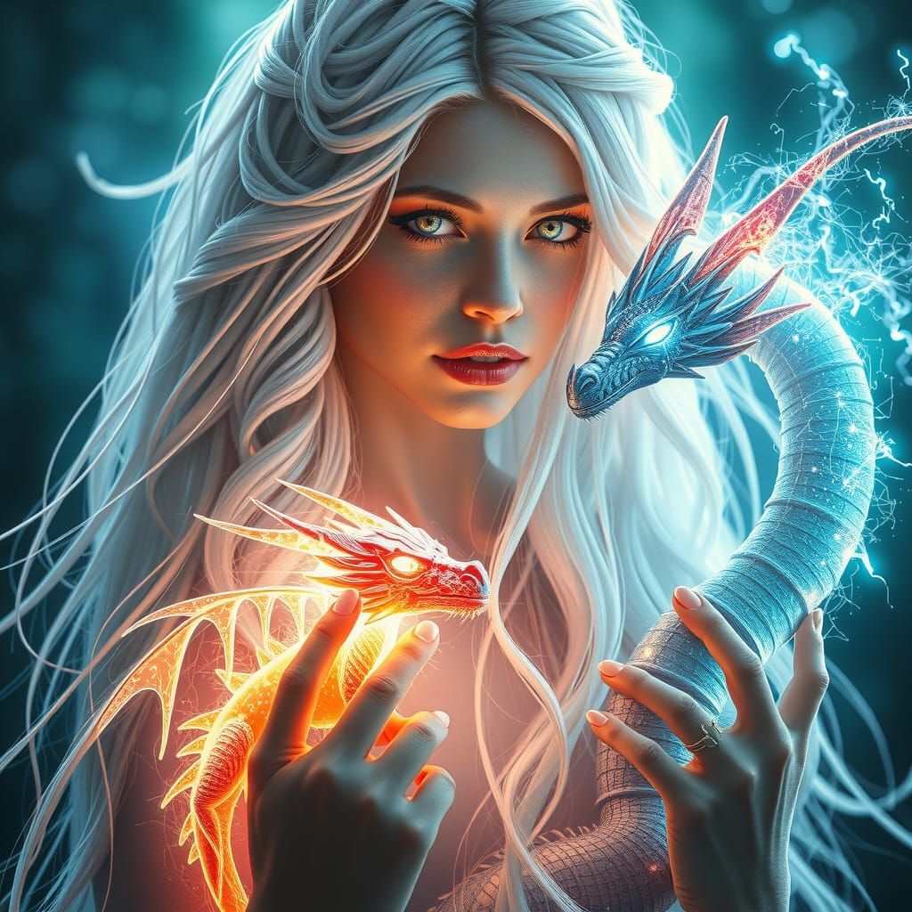 Sorceress with Energy Dragon in Ethereal Setting