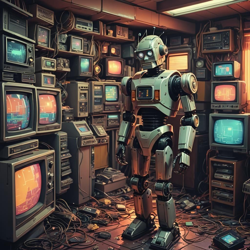 Robot in Retro Futurism TV Room Pixel Art