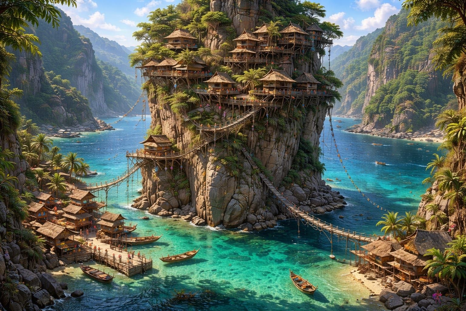 Tropical Village Built on Rock Pillar in Blue Lagoon