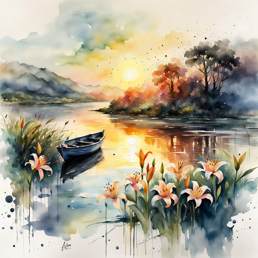 Lily Flower at Sunrise: Watercolor Illustration
