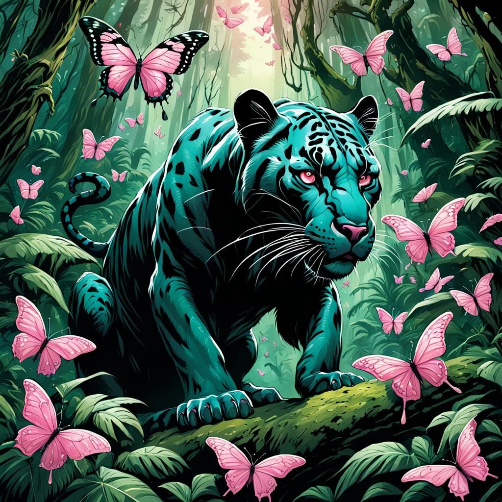Green Panther and Butterflies in Comic Book Art