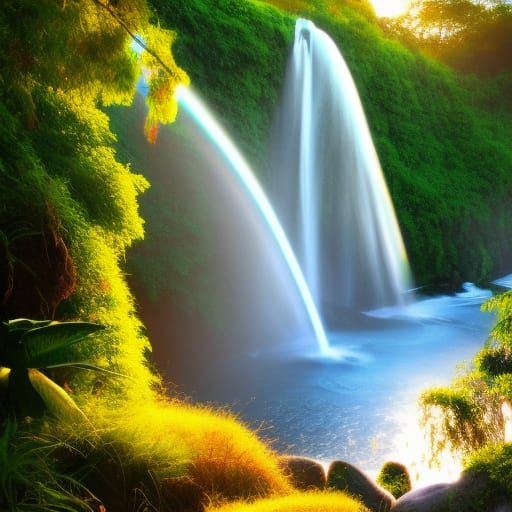 Tropical Waterfall Sunset with Divine Light