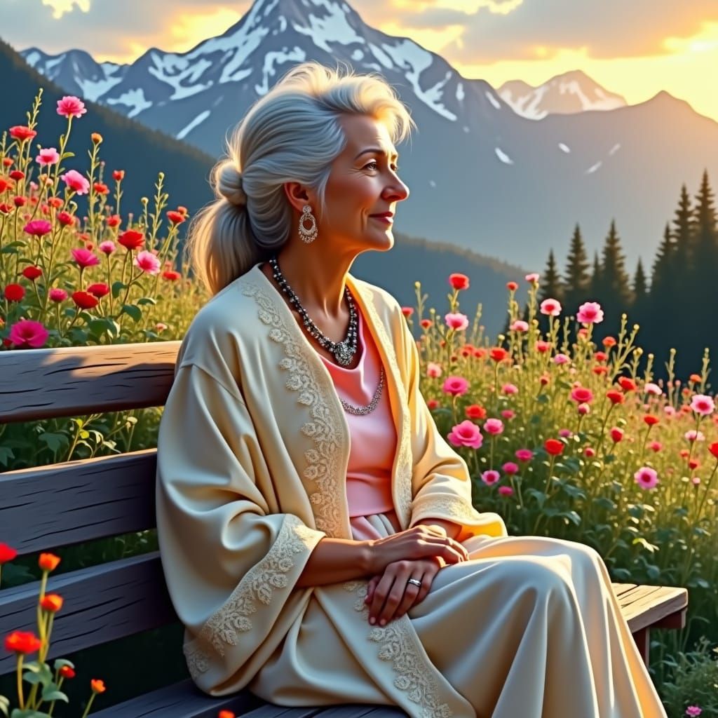 Wise Elder Woman in Mountain Sunset Garden