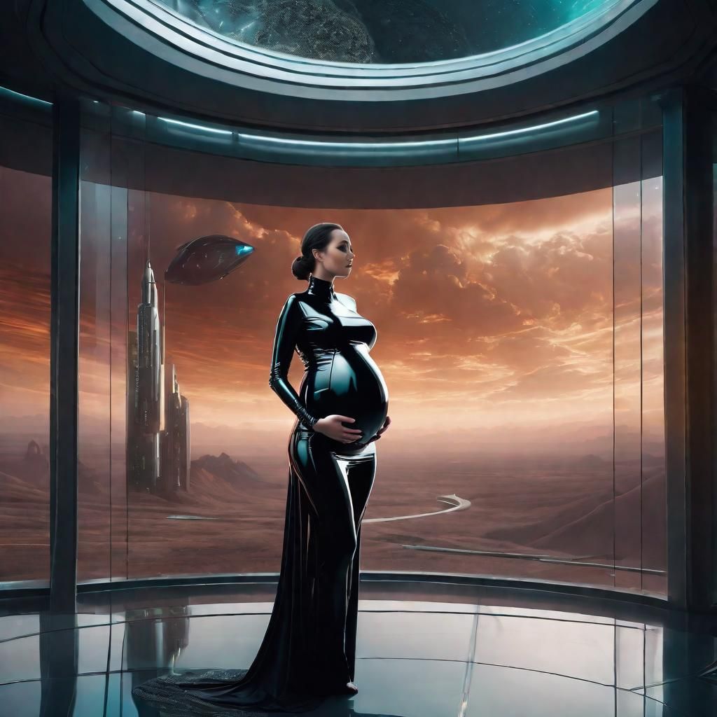 Pregnant Woman in Catsuit: Futuristic Digital Art