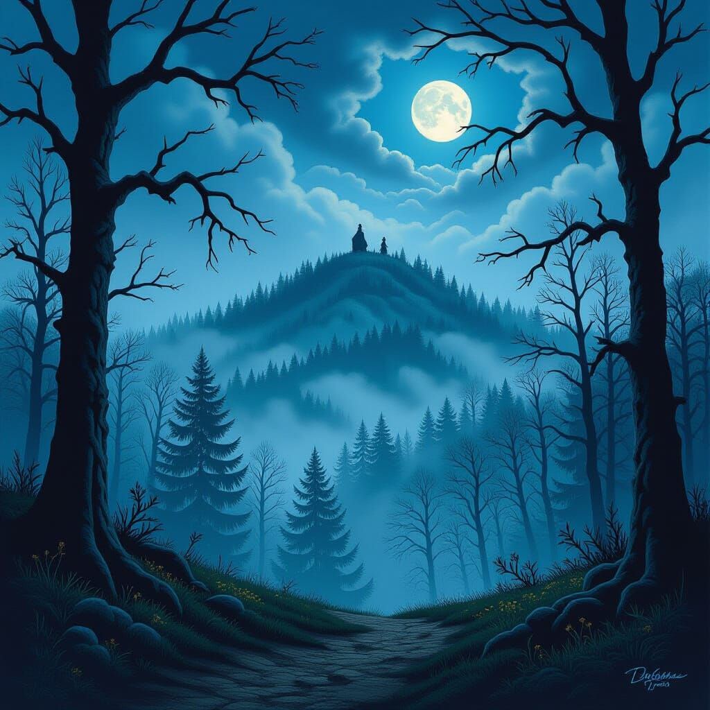 Eerie Hill of Witches in Misty Woods