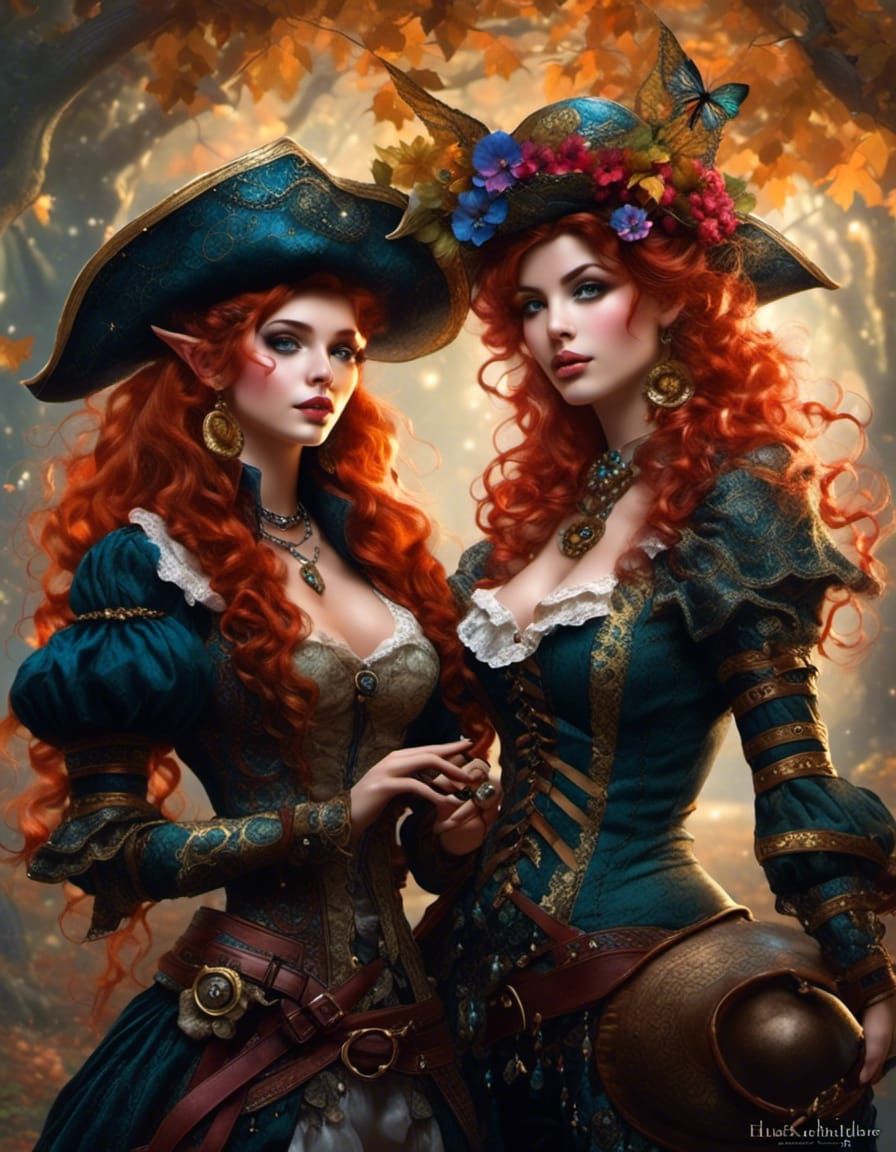 Faerie Elf Pirate Sisters in Witchy Folklore Style