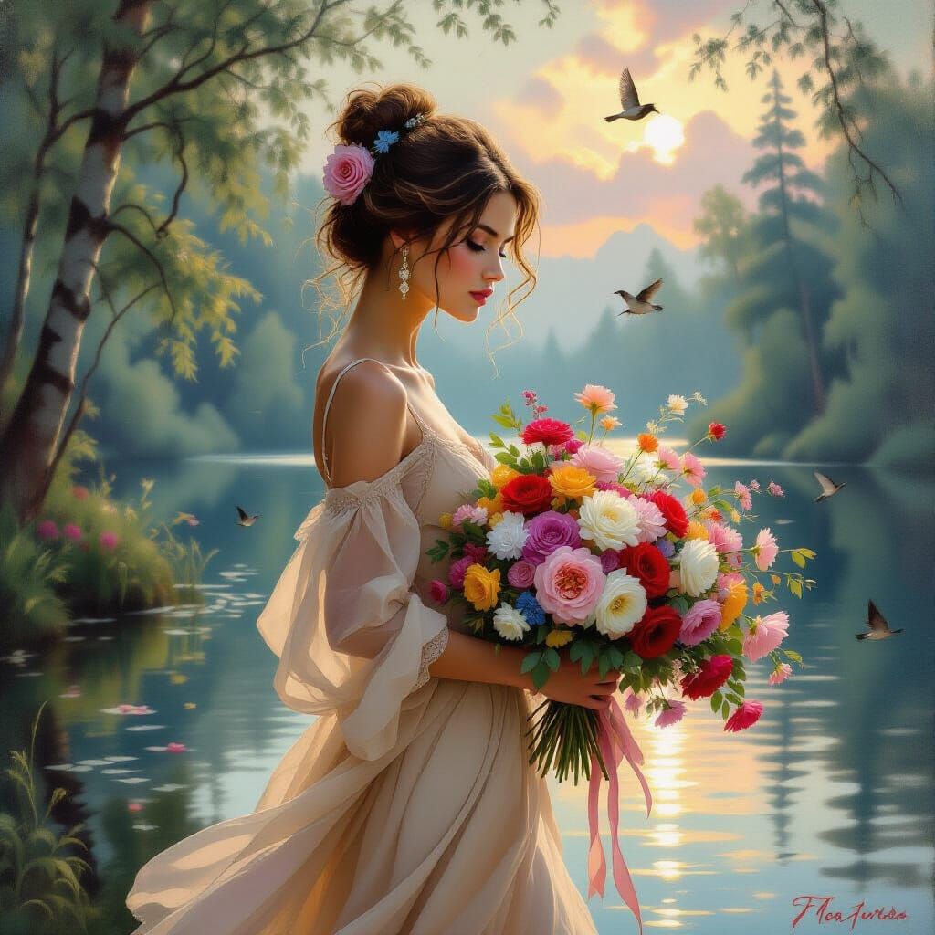 Bohemian Woman in Forest Lake Oil Painting