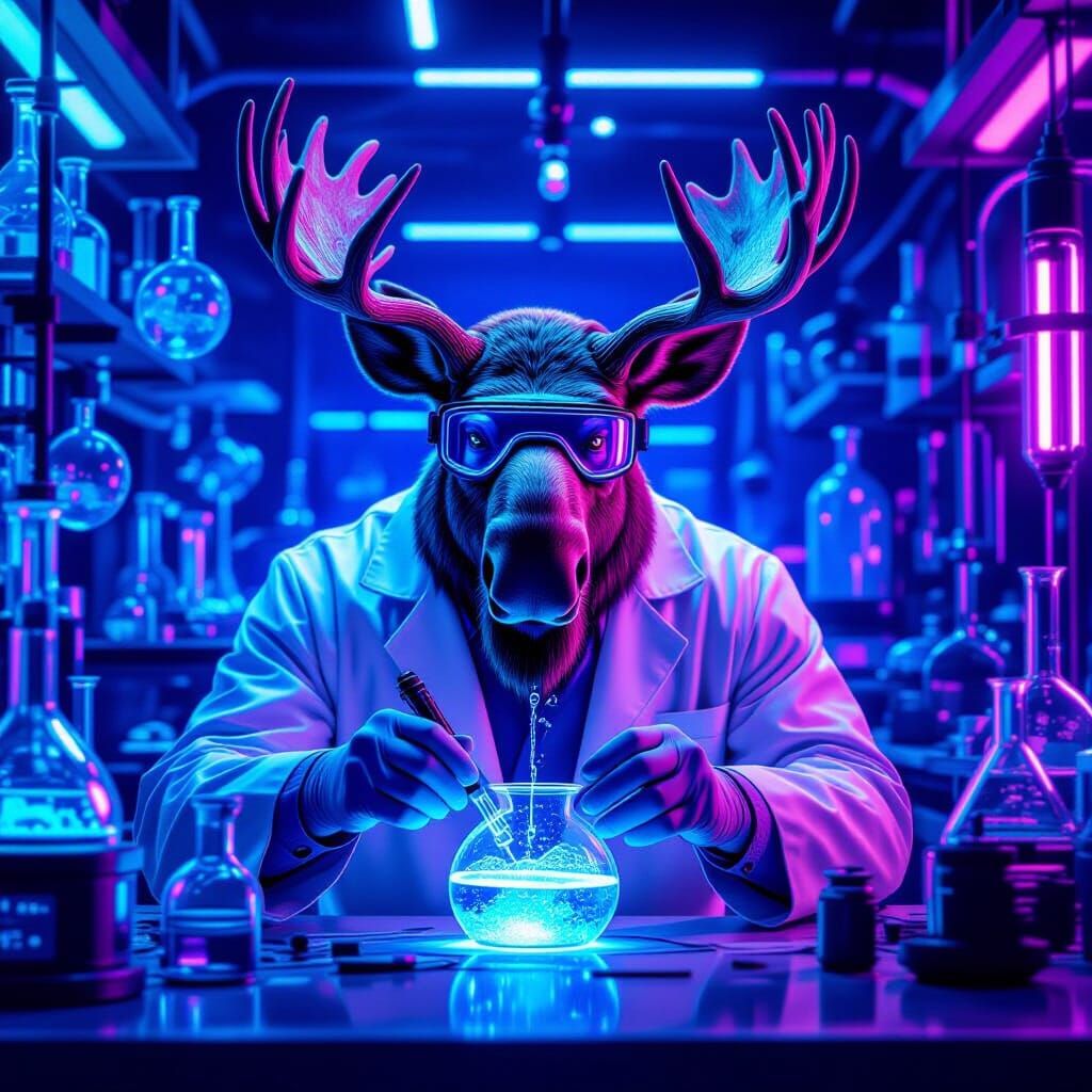 Moose Alchemist in Cyberpunk Lab, Digital Art