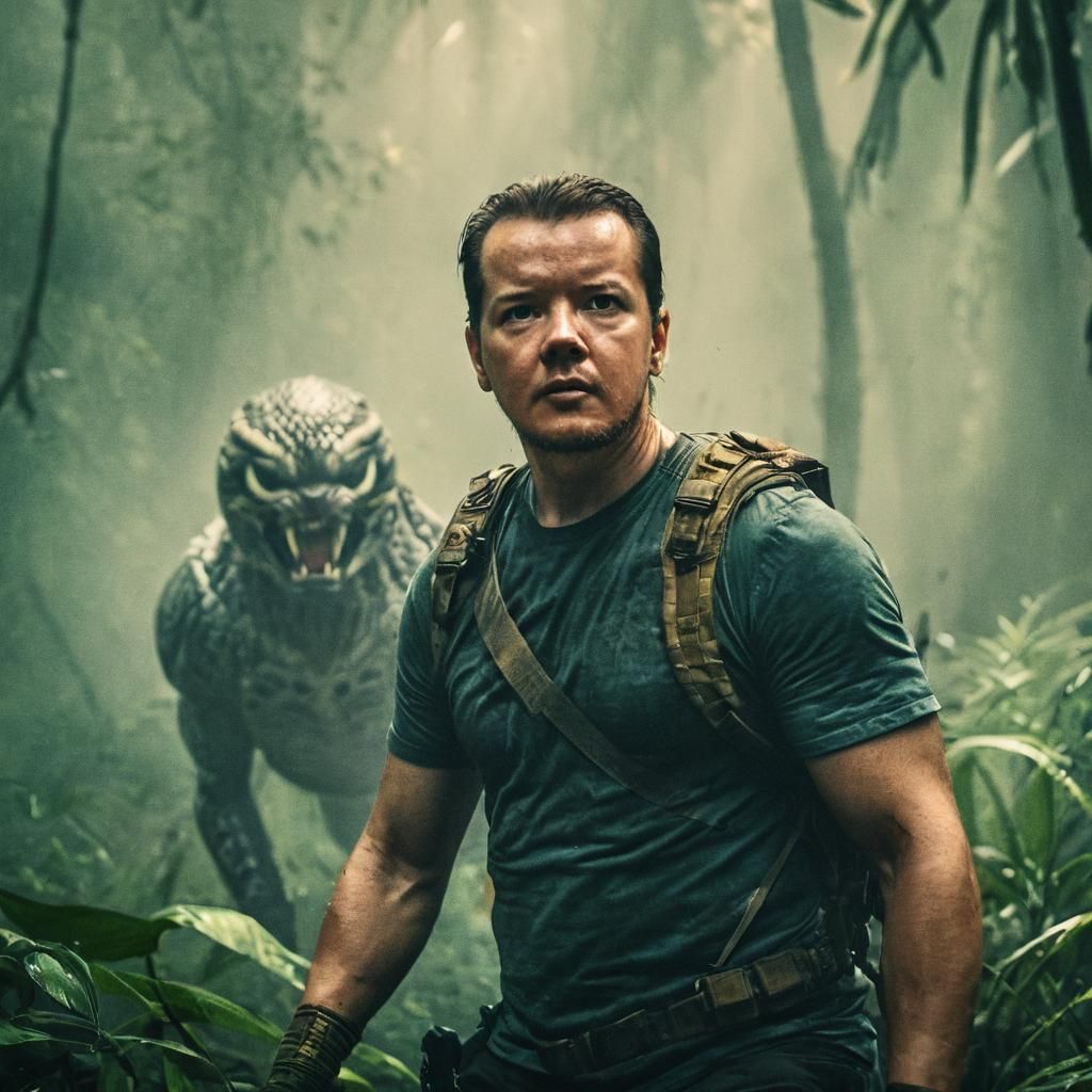 Cyberpunk Hero Battles Predator in Misty Jungle Cinematic St...