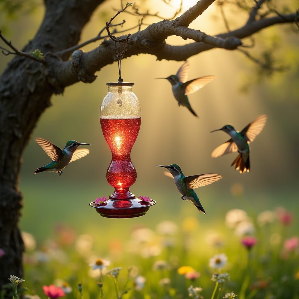 Iridescent Hummingbirds Converge on Ancient Tree Feeder