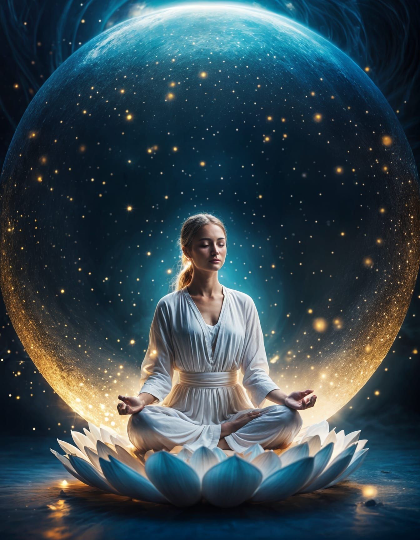 Ethereal Woman Meditating in Luminous Blue Sphere