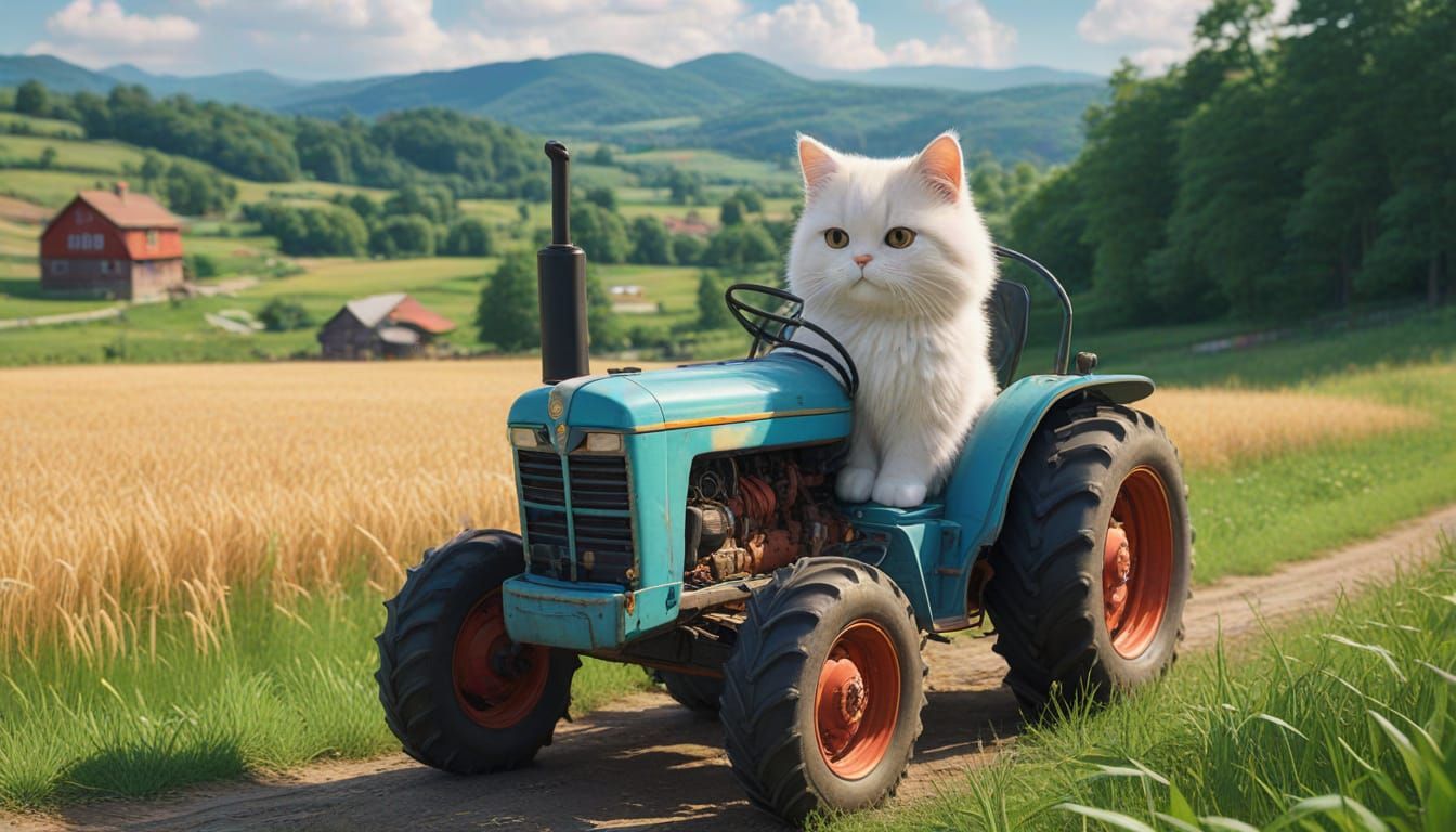 Whimsical Anime Cat in Countryside Tractor