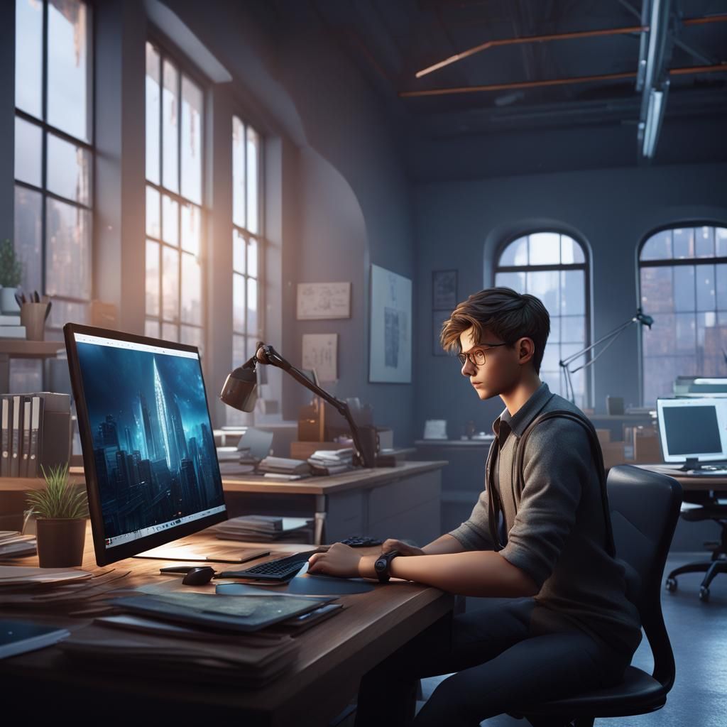 Handsome Boy Working in Office: Fantasy Concept Art