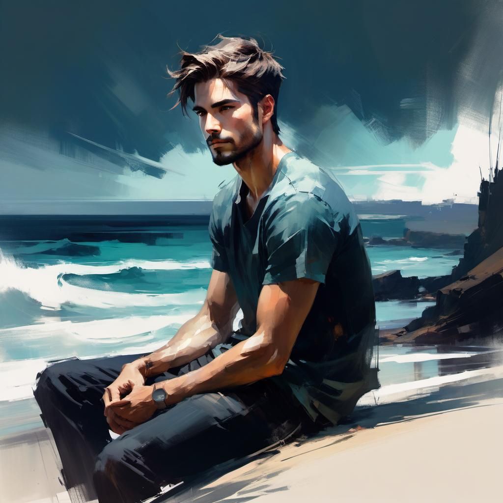 Handsome Man on Beach: Ink Paint Sketch