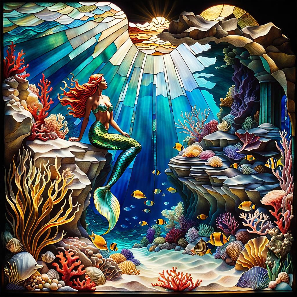 Art Deco Mermaid in Stained Glass Ocean Scene