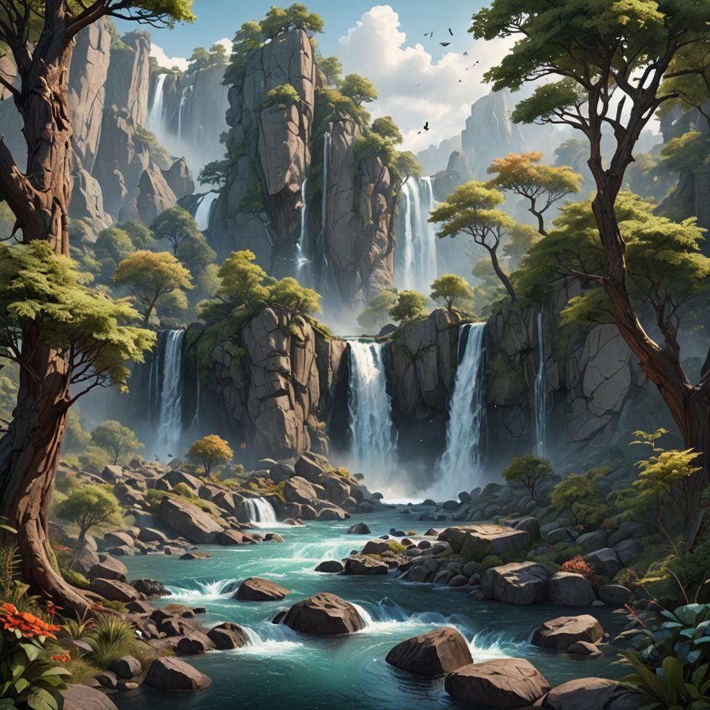 Watercolor Waterfall Landscape with Birds