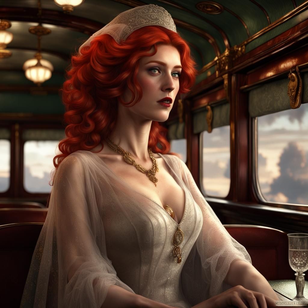 Red-Haired Woman in 1909 Orient Express Dining Car