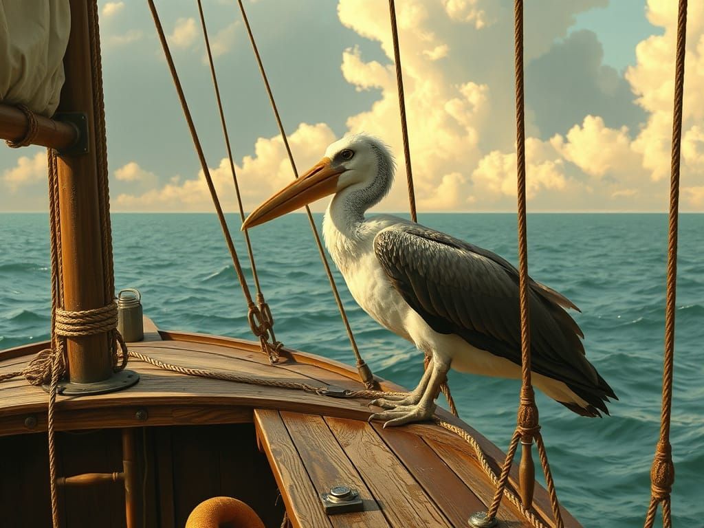 Albatross on a Boat in Vintage Illustration Style