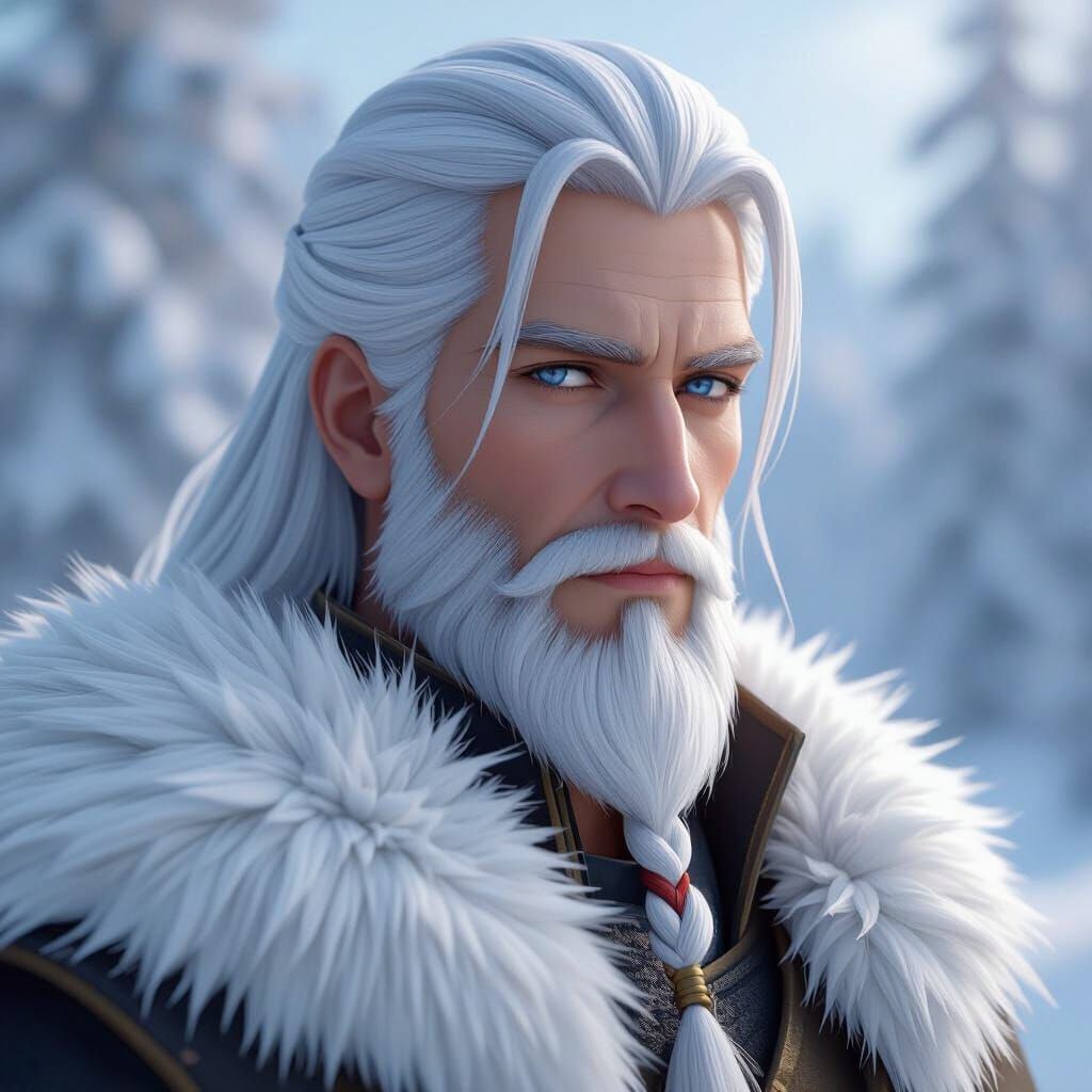 Wise Old Man in Winterland, Detailed 3D Anime Style