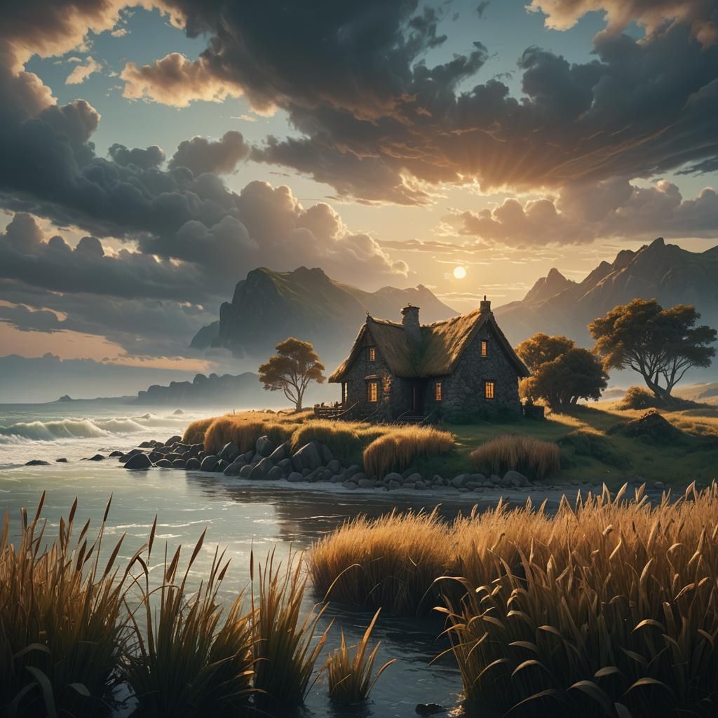 Seaside Stone Cottage in Golden Hour Light