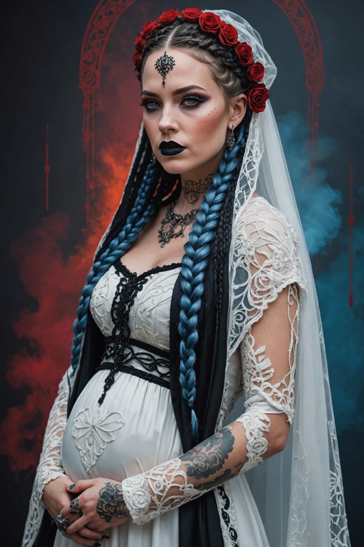 Hyperrealistic Pregnant Bride with Tattoos and Braids