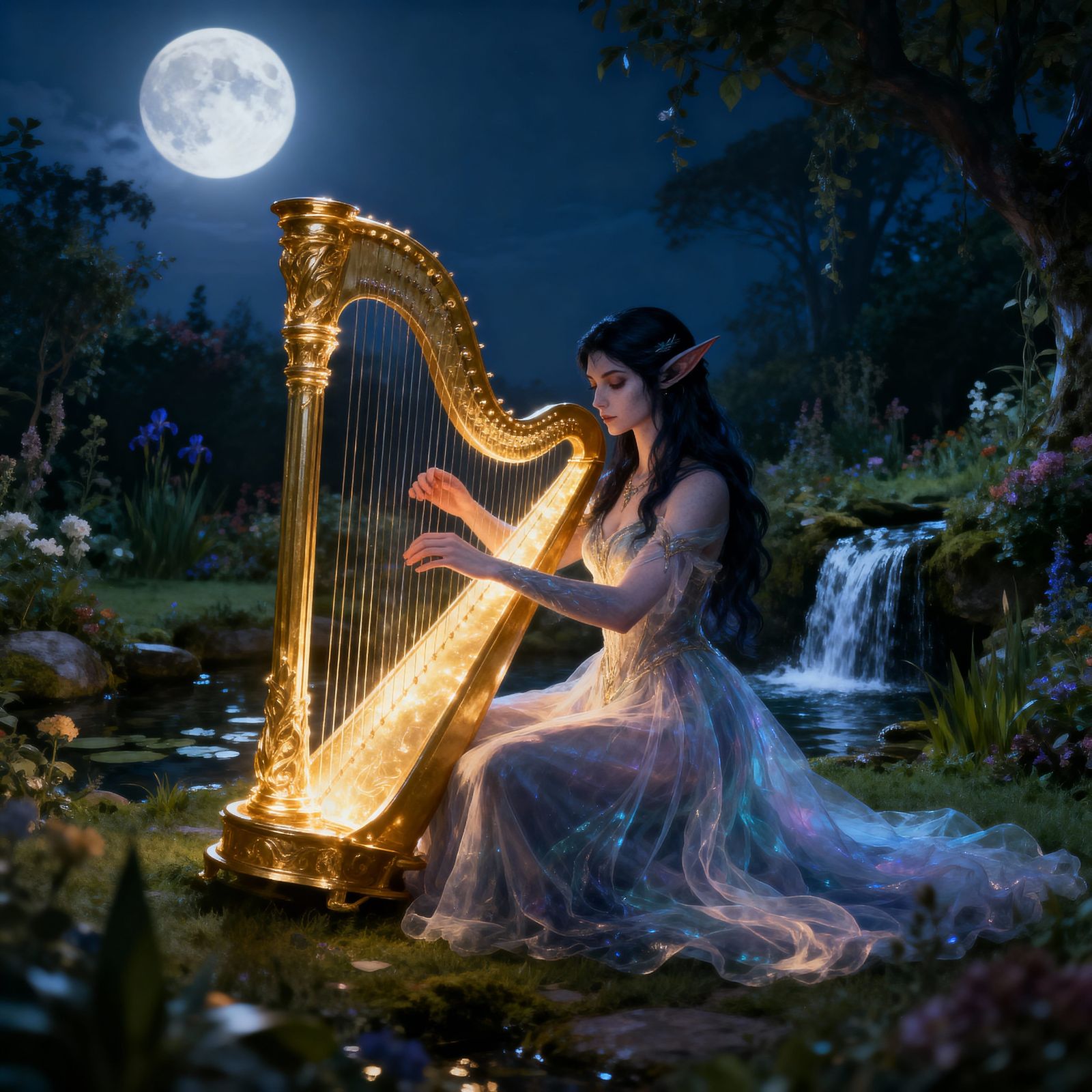 Dark Elf Princess Plays Glowing Harp in Enchanting Moonlight...