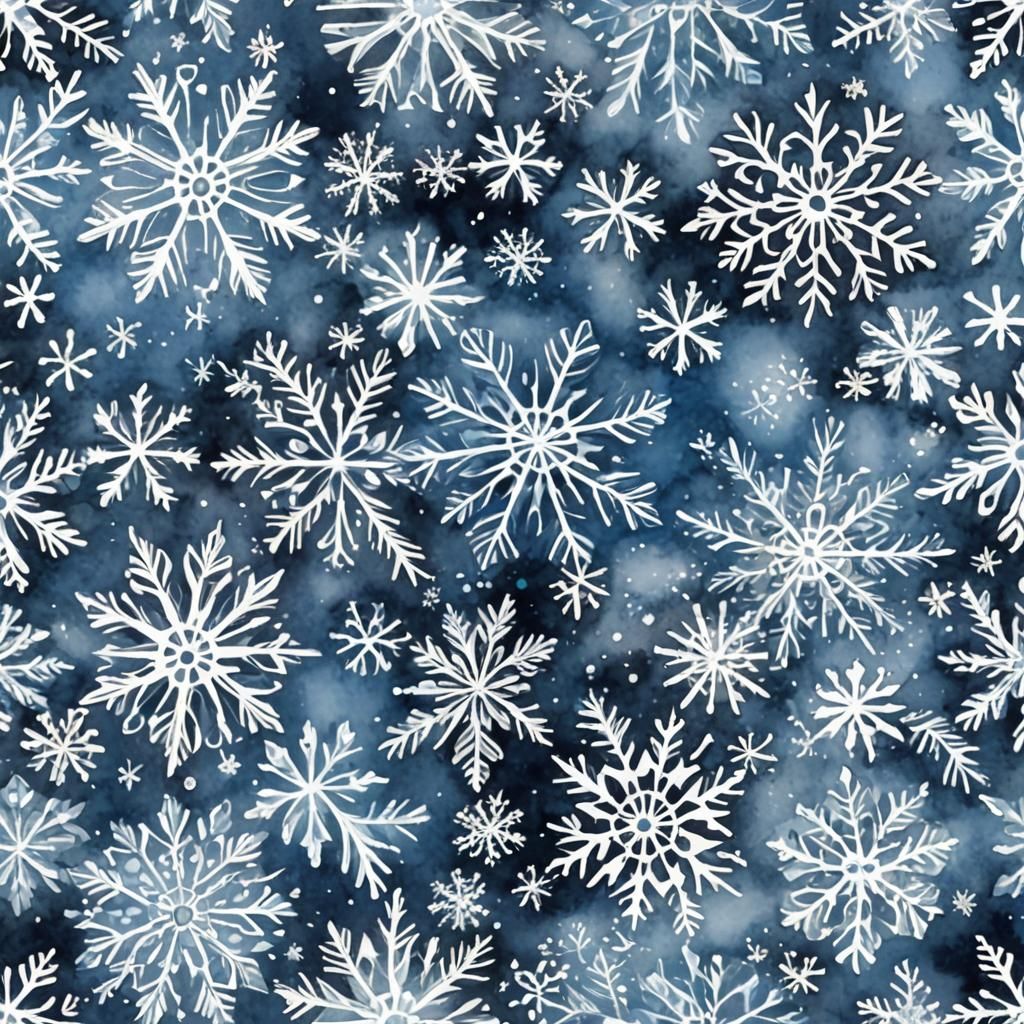Inkspot snow flakes in wallpaper pattern. White and blue ink...