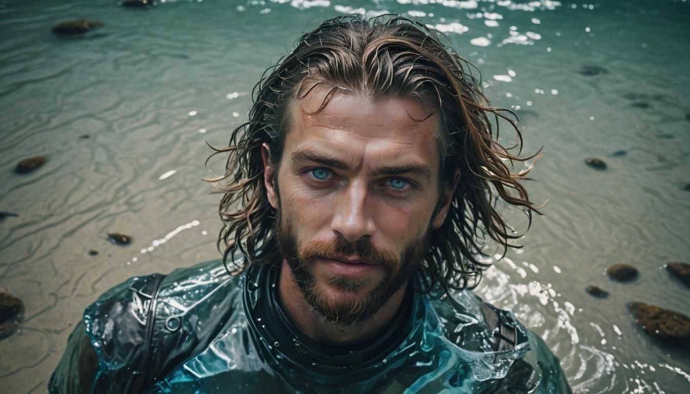 Waterpunk Man with Blue Eyes in Sci-Fi Setting