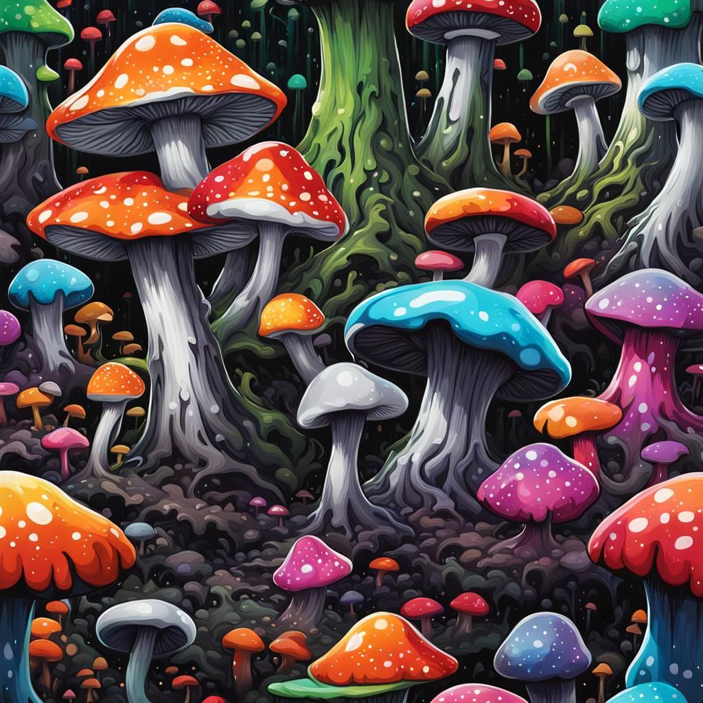 Mushroom Creatures in Black and Silver Forest