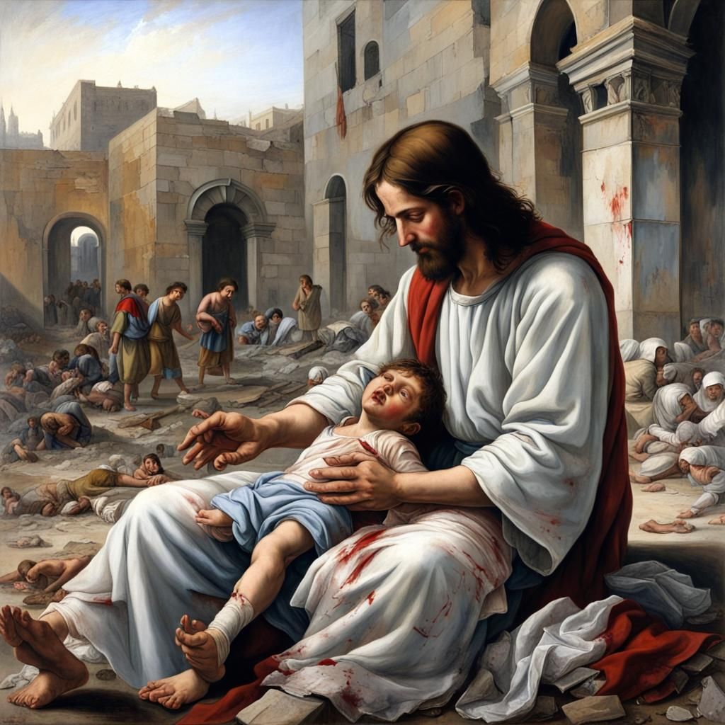 Jesus Blesses Child in Gaza Ruins: Classical Painting