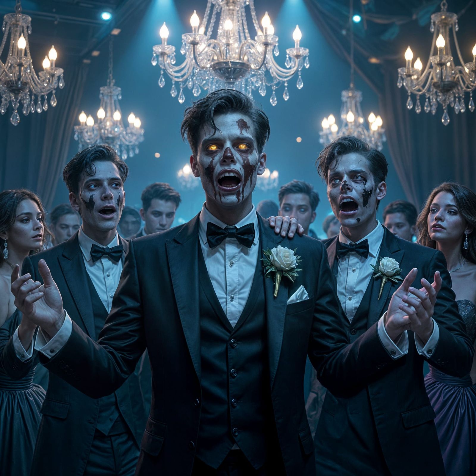 Zombies Dance at Prom Under Twinkling Chandelier Lights