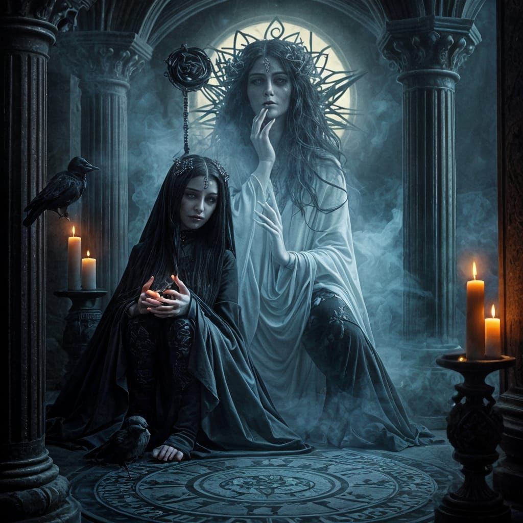 Gothic Tarot Oracle in Crypt, Dark Baroque Surrealism