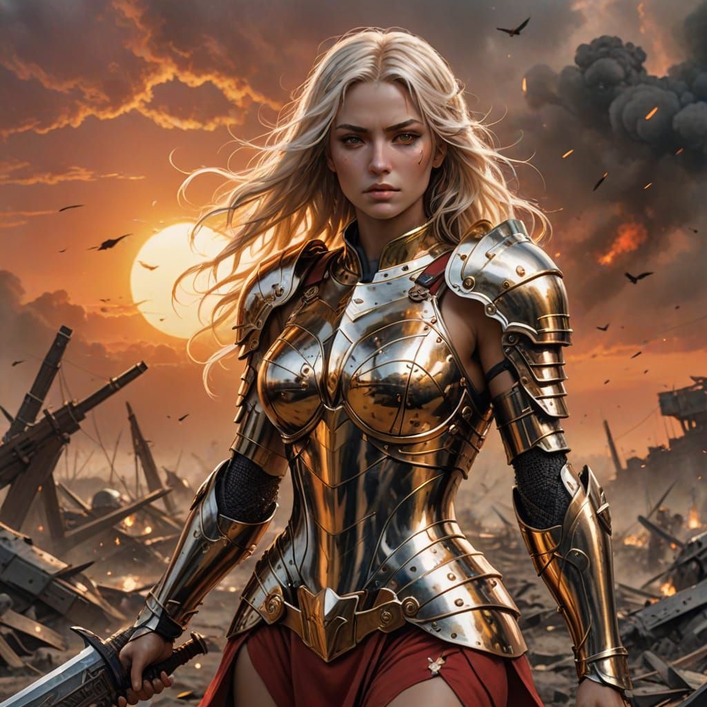 Warrior Maiden in Golden Armor Stands Alone in Sunset