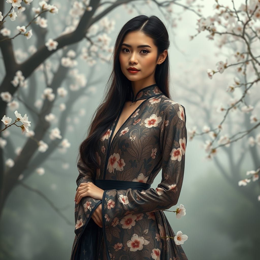 Stunning Cherry Blossom Goddess in Whimsical Art Nouveau Sty...