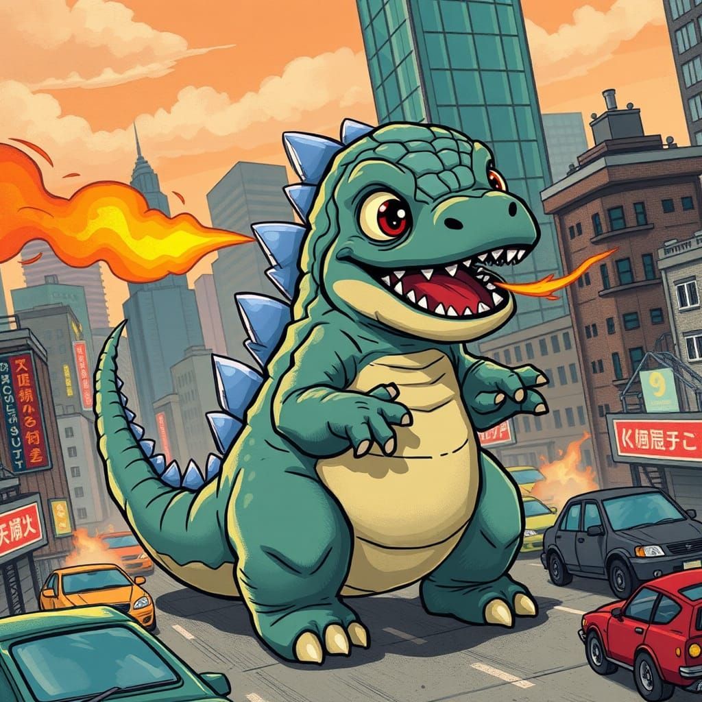 Whimsical Infant Godzilla's Mischief in Metropolis