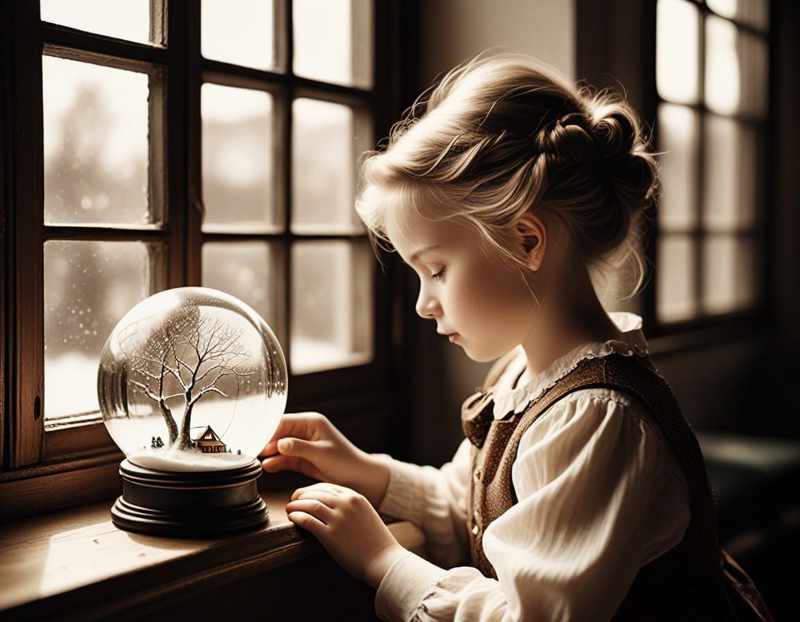 Nostalgic Sepia Photo of Toddler with Snow Globe