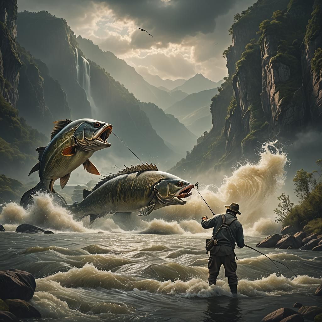 Fisherman Reeling in River Fish: Digital Matte Painting