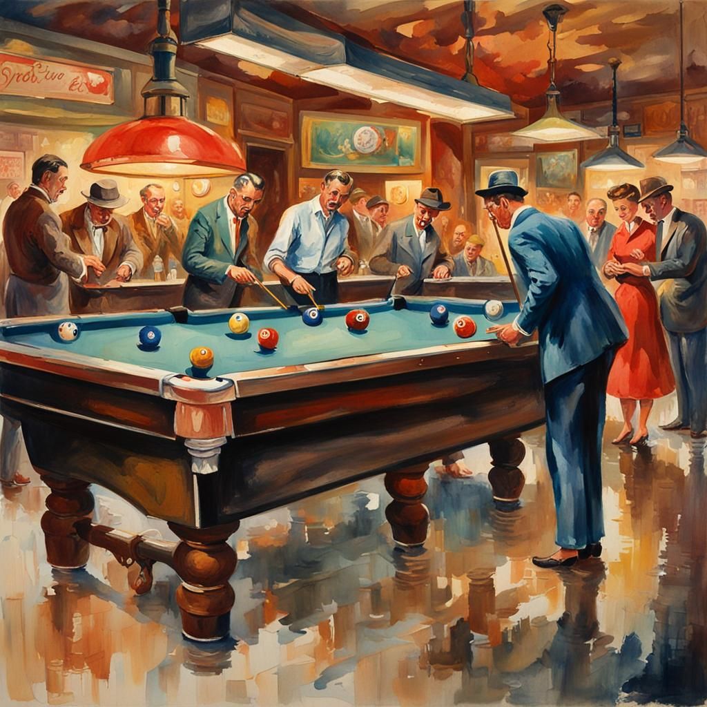 1950s Bar Scene: Pool Game in Gouache Style